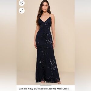 NWT Lulus Valhalla Sequin Lace-Up Maxi Dress - Navy Blue - Sz. L